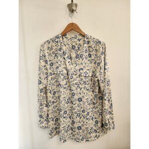 Norm Thompson white blue floral long sleeve blouse L